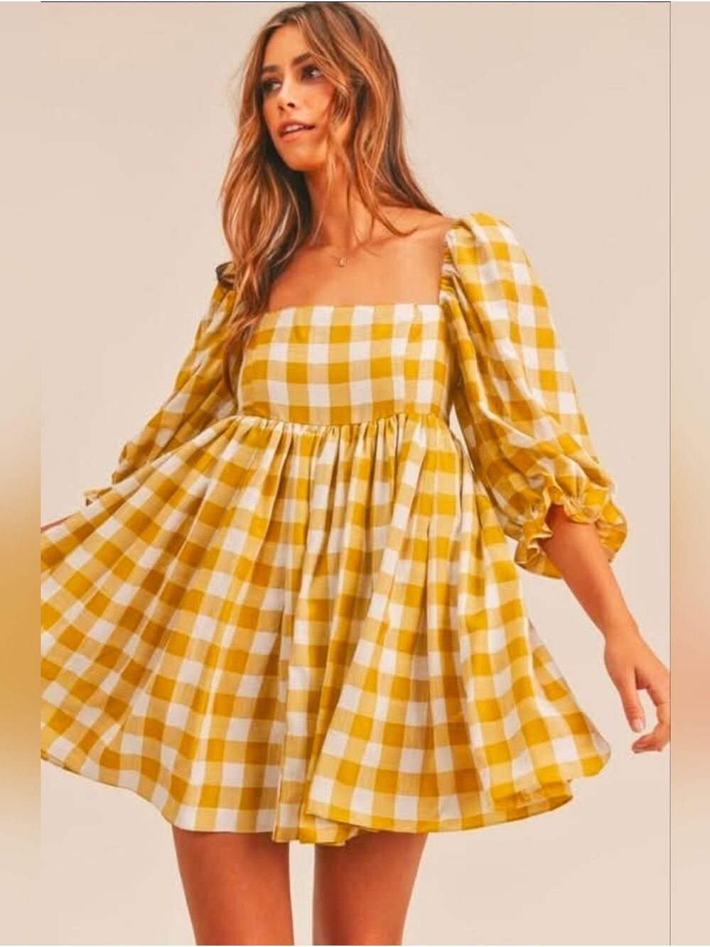 Mable Mustard Yellow Gingham Puff Sleeve Mini Dress Cottagecore Size M